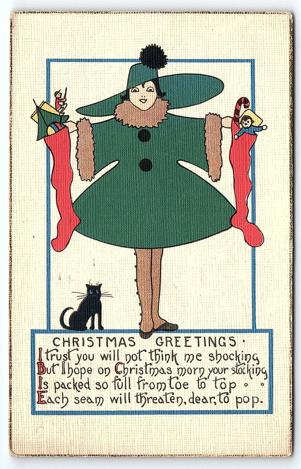 1920 CHRISTMAS GREETINGS STOCKINGS BLACK CAT FANCY LADY ART DECO POSTCARD P2745