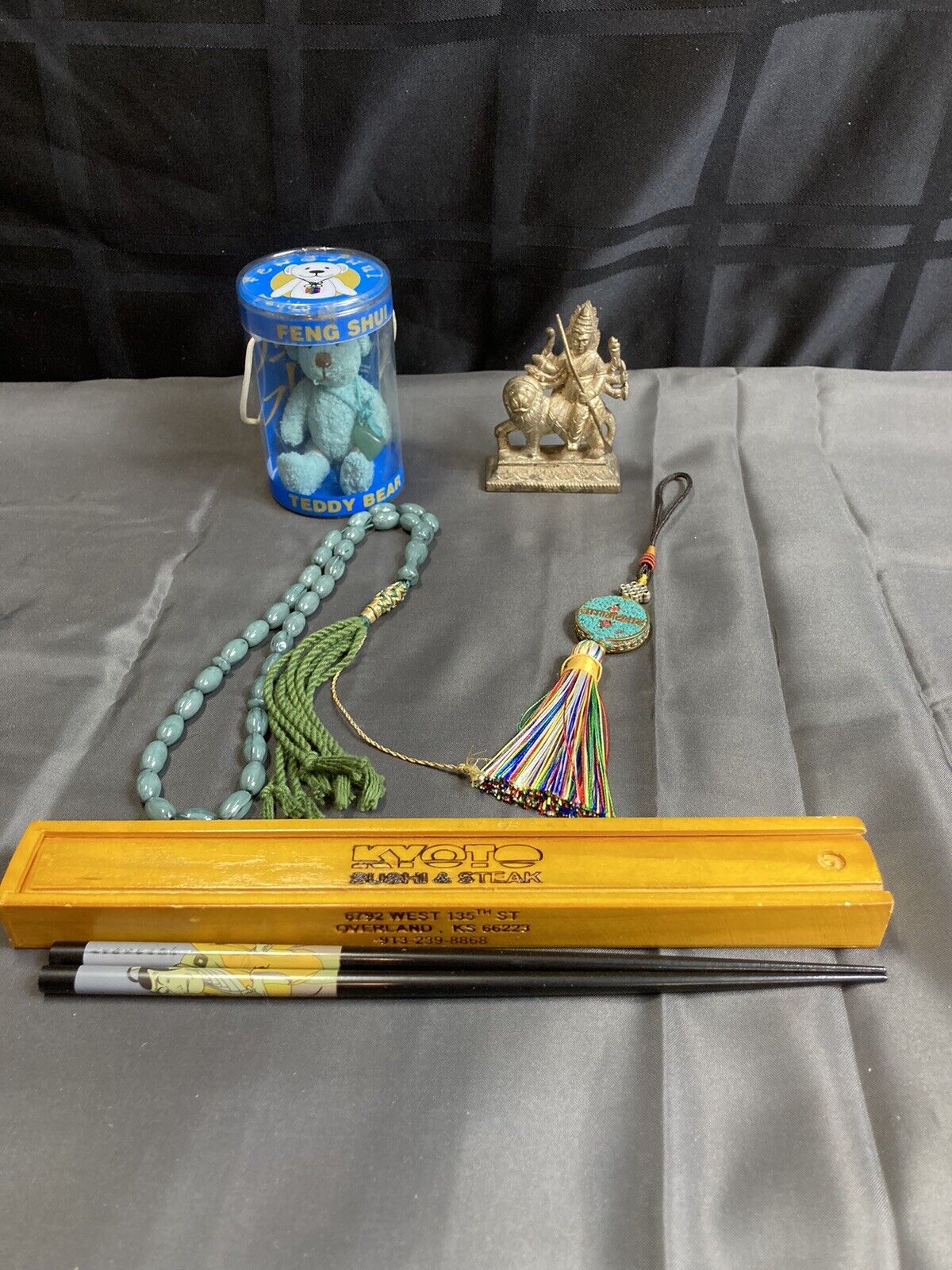 Vintage Asian Lot Prayer Beads Chop Sticks Fang Shui Bear Paper Weight Figure