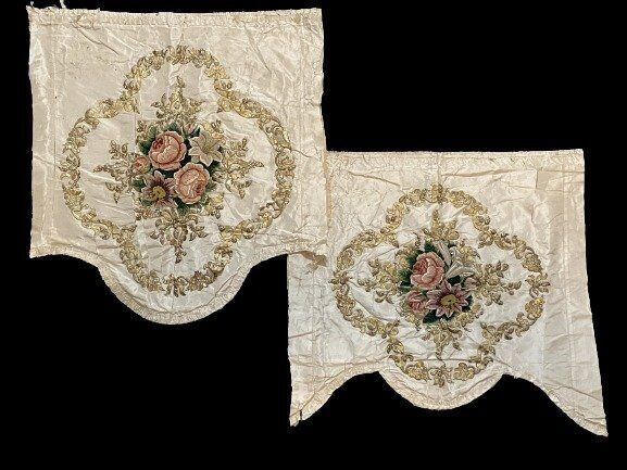 Antique 18thC French Silk Chenille Embroidery Pelmet Fragments Gold Metallic