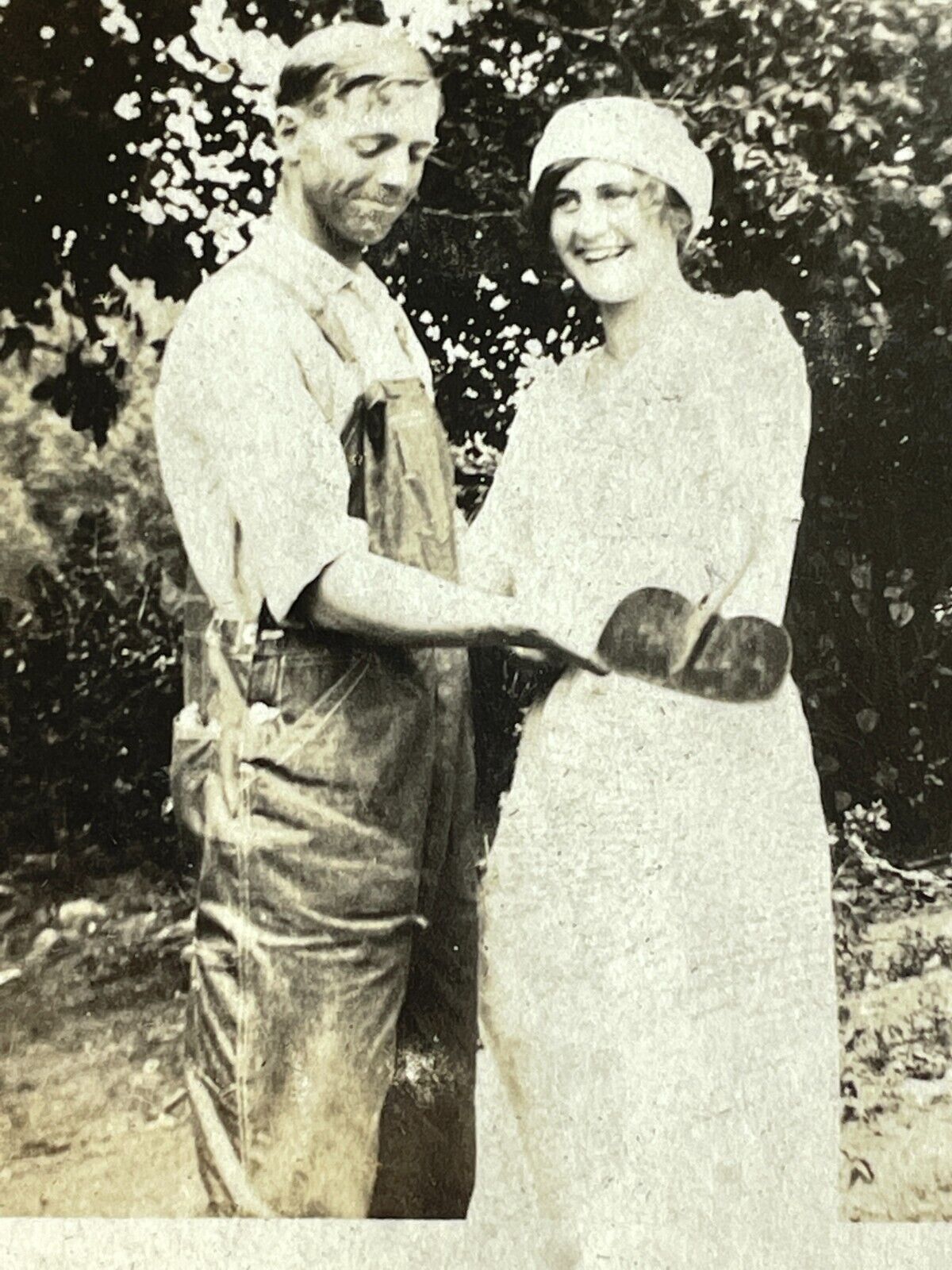 O5 Photograph 1910-20's Farmer Beautiful Woman Showing Off Hoe  *GLUED*