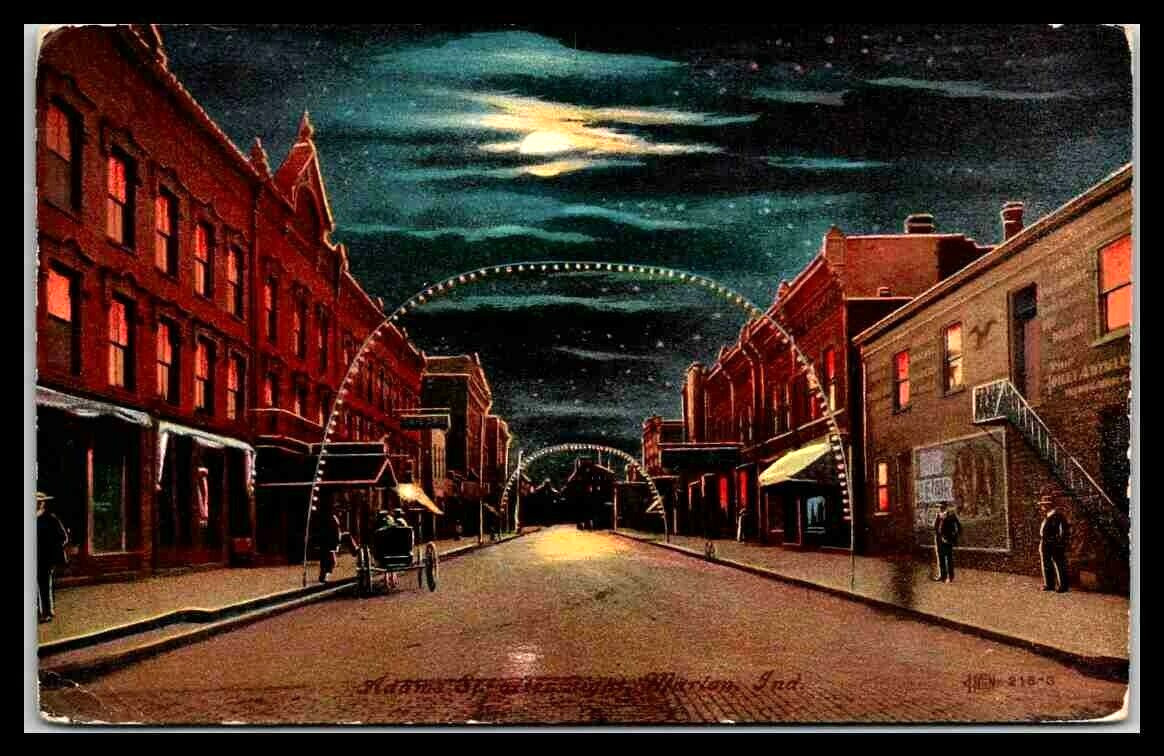 circa 1908 Adams Street At Night Marion Indiana Main Street Postcard 