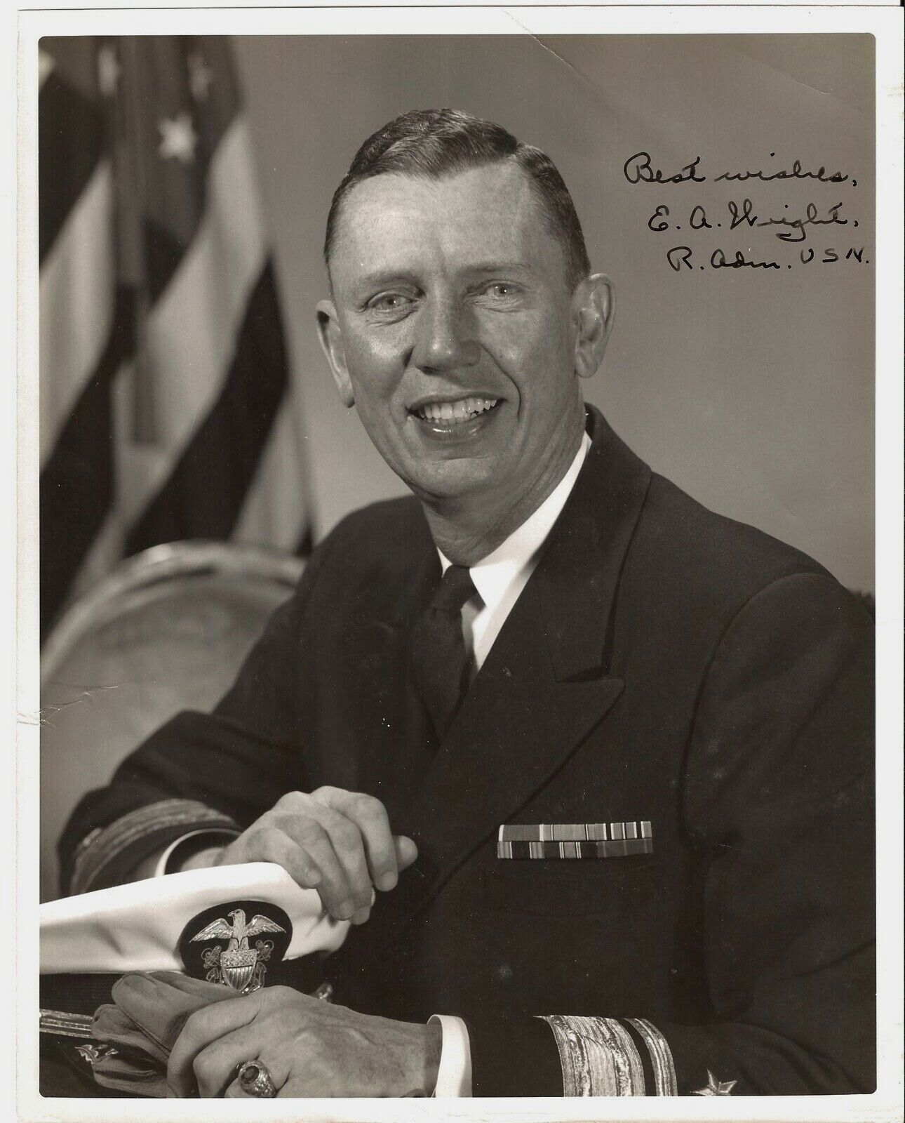 E.A. WRIGHT, REAR ADMIRAL, U.S. NAVY, HAND SIGNED AUTOGRAPH PHOTO & MEMO USN