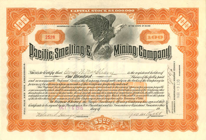 Pacific Smelting and Mining Company - Stock Certificate (Orange - 1916)