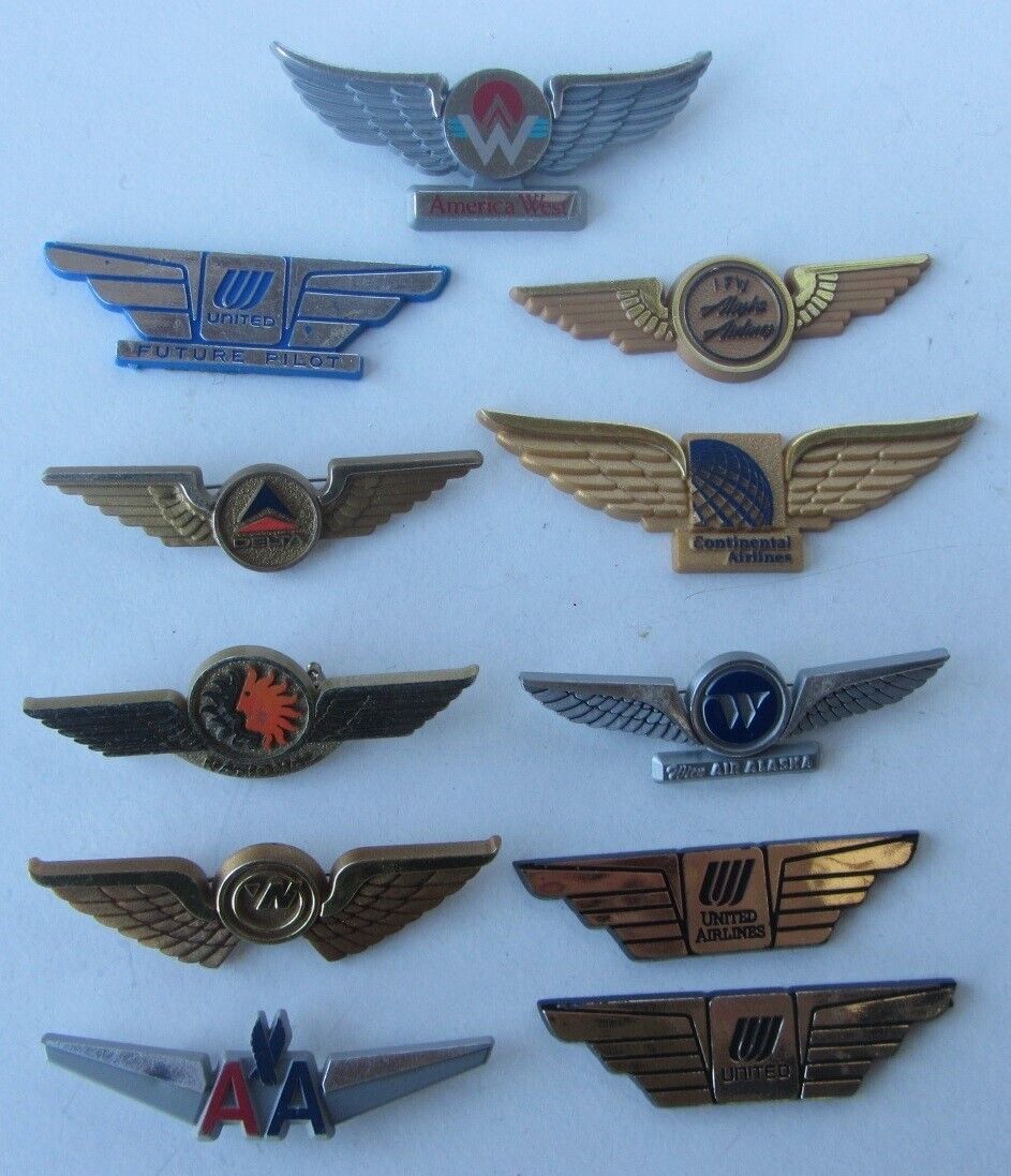 Lot of 11 Vtg Airlines Wings Plastic Travel Pins Badges 8 dif AA Alaska Delta+