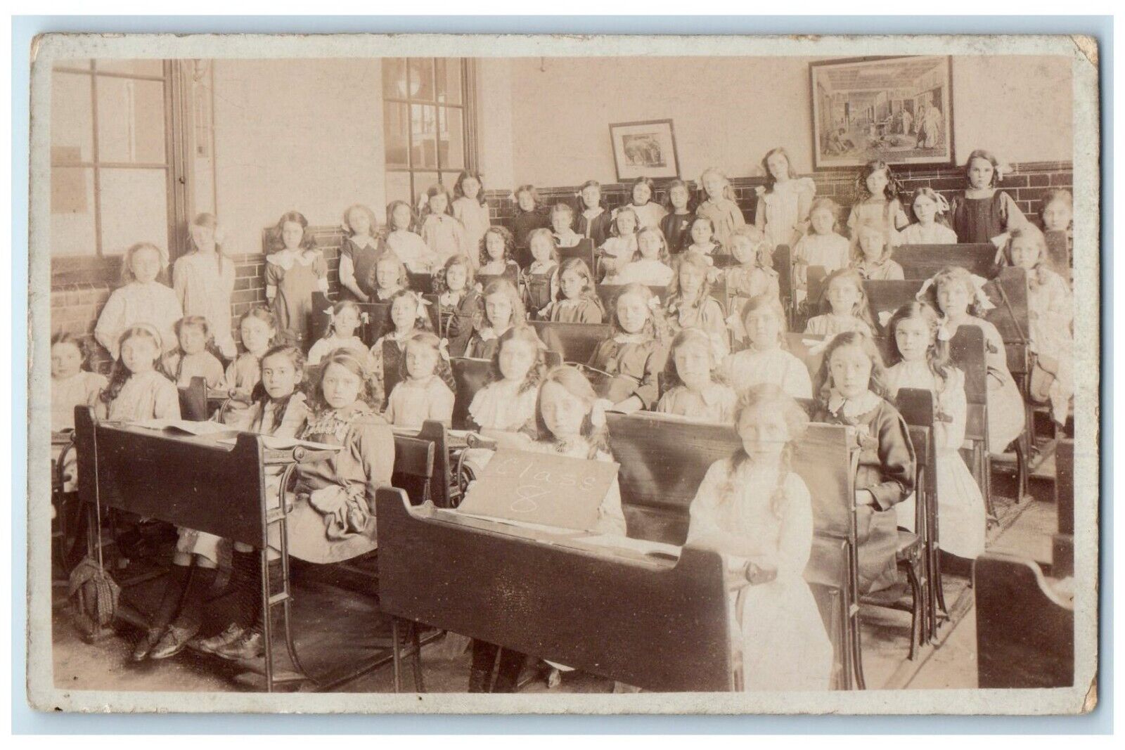 c1910's Class 8 Girls Classroom Education England UK RPPC Photo Antique Postcard