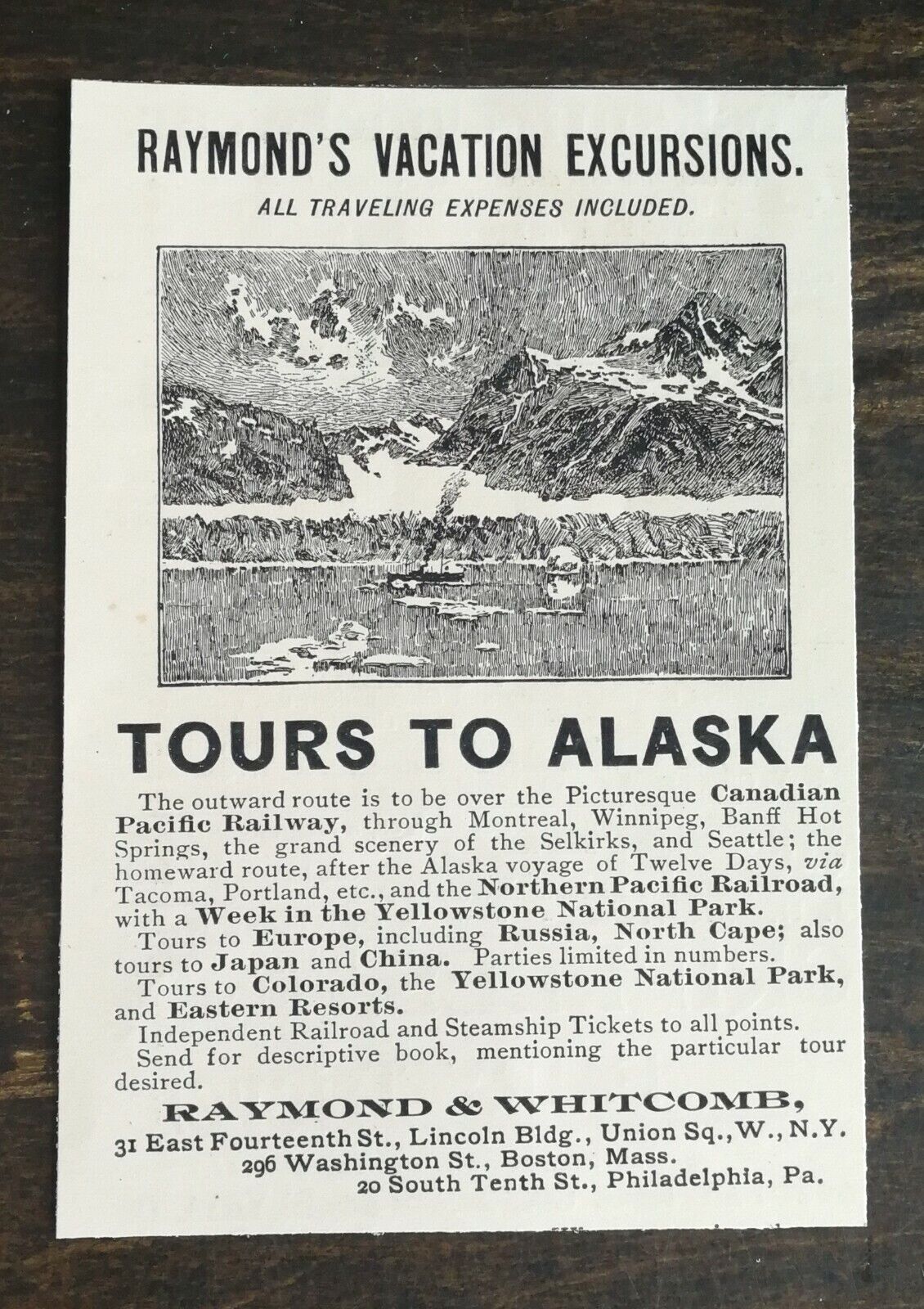 Vintage 1895 Raymond's Vacation Excursions Tours to Alaska Original Ad 1021