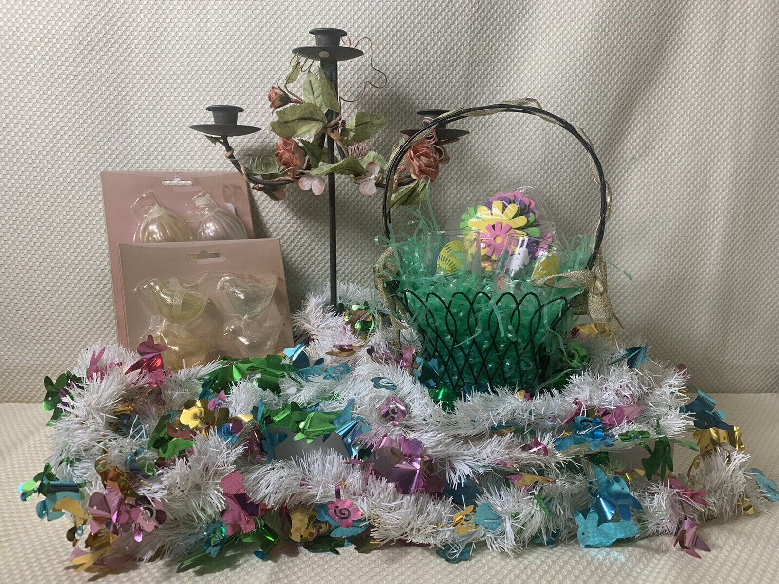 Vintage Easter Decoration Votives Ornaments Candelabra Garland Basket Ribbon Lot