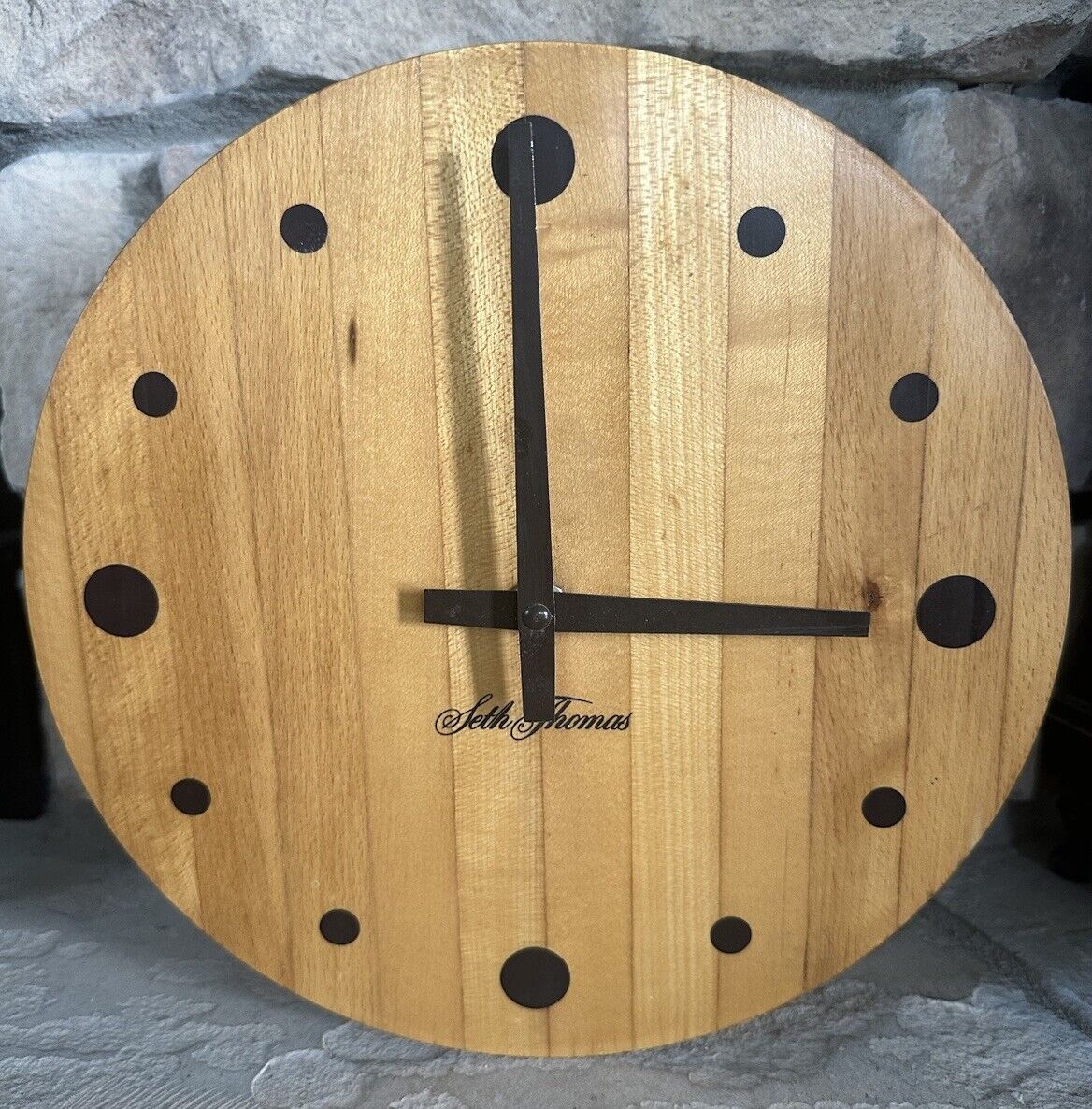 Vintage Seth Thomas 10” Round Wood Butcher Block Clock #2394 HTF Works