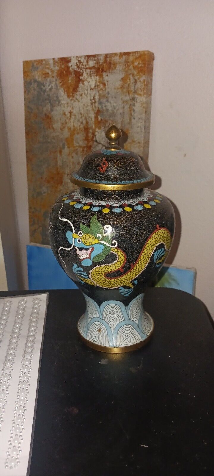 Antique Chinese Cloisonne Ginger Jar Covered Urn Yellow Laughing Dragon