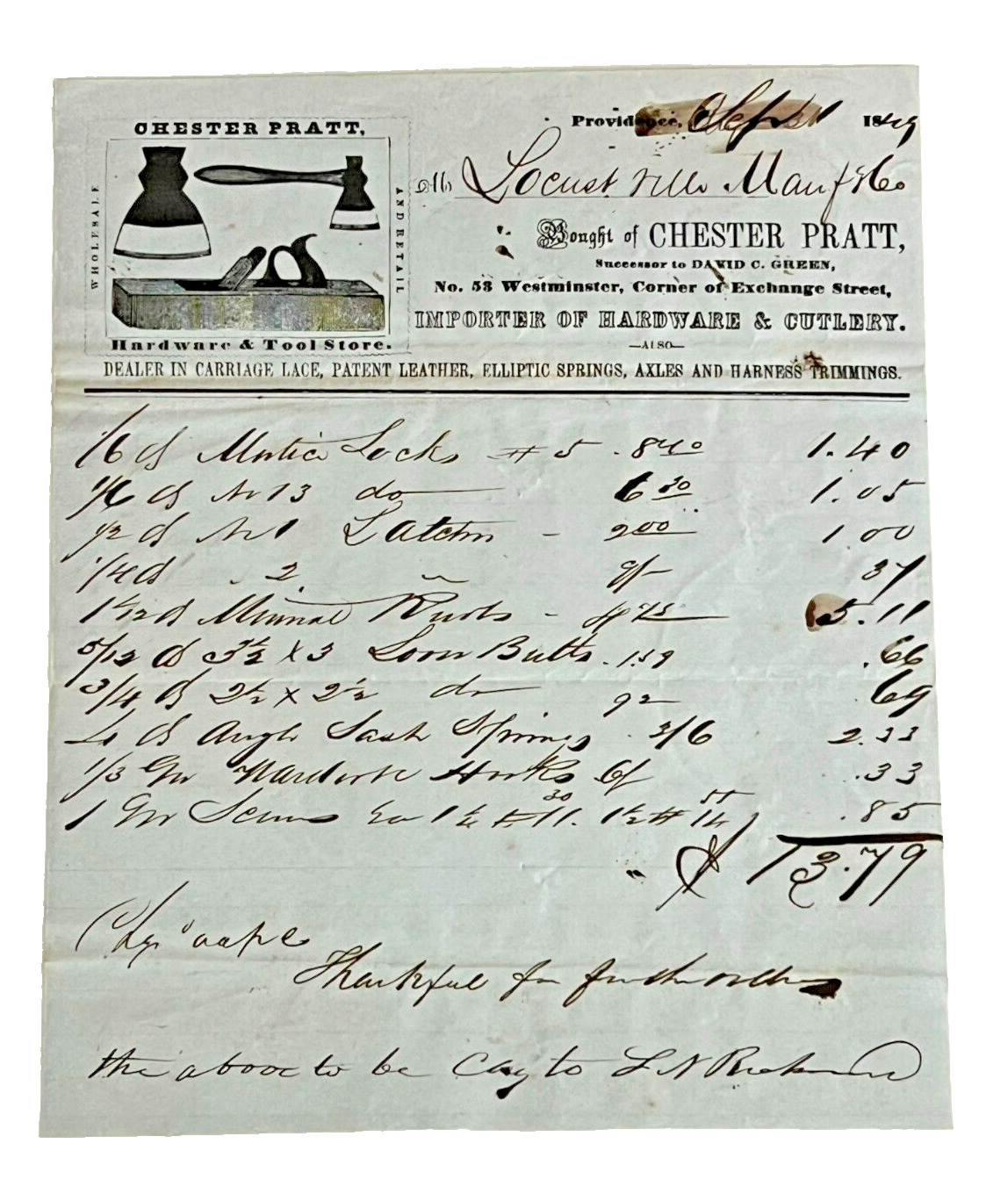 Antique 1849 Receipt Chester Pratt Hardware & Tool Store Westminster, MA
