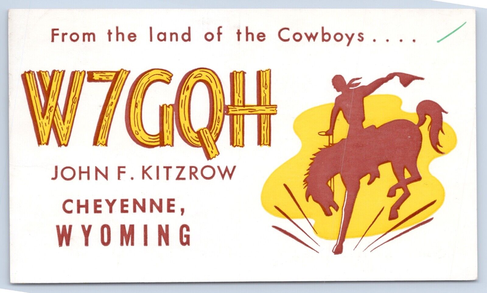 QSL CB Ham Radio Card W7GQH Cheyenne Wyoming Vtg Laramie County WY 1957 Card