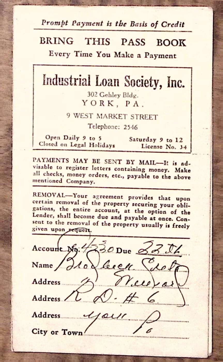 1941 YORK PA INDUSTRIAL LOAN SOCIETY 302 GEHLEY BLDG. LOAN PASS BOOK Z3607