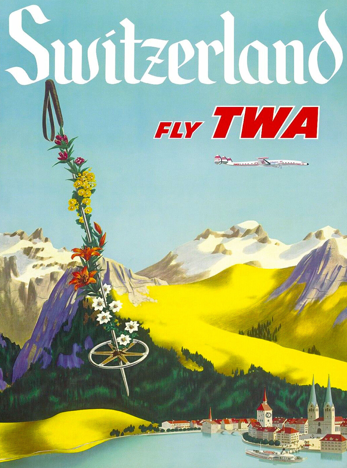 Switzerland Swiss by Airplane 2 Europe European Travel Advertisement Art Poster 