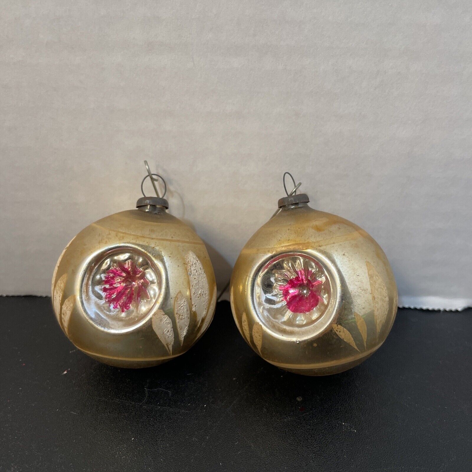 Pair Of Vintage Blown Glass Triple Indent Christmas Ornaments Hot Pink Gold