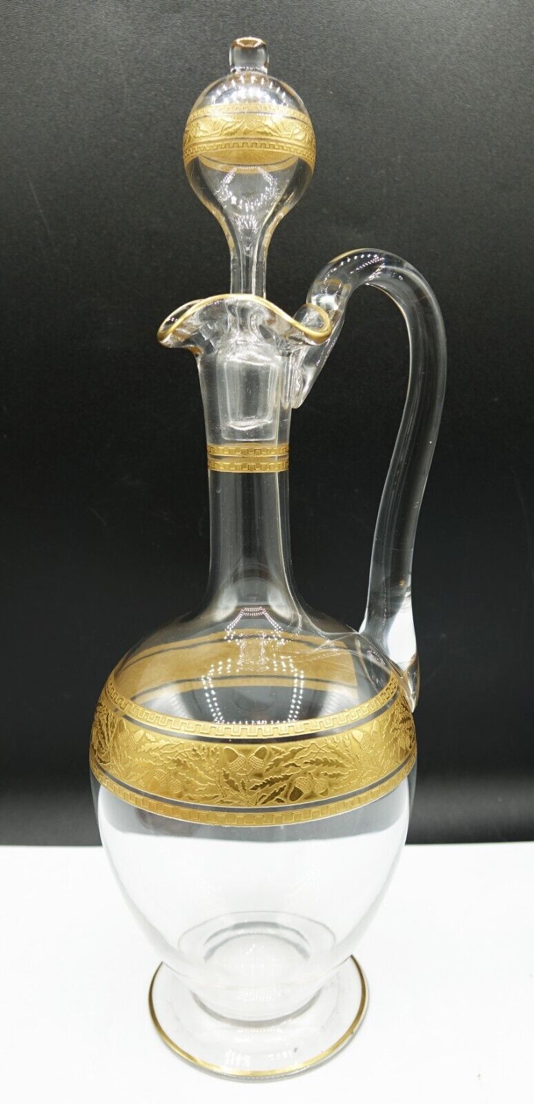 French Baccarat Acorn Crystal 22k Gold Band Oak Leaves Wine Decanter with Handle