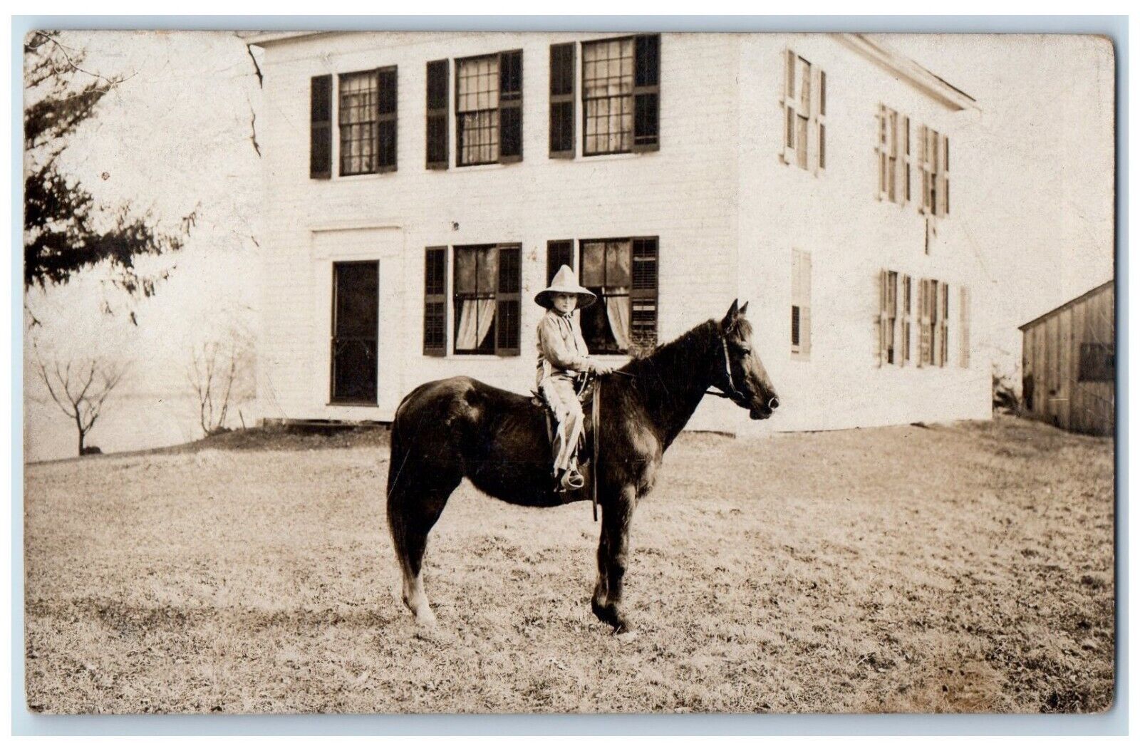 1908 Child Riding Pony Horse Barn Wizard Hat Boy Atwater OH RPPC Photo Postcard