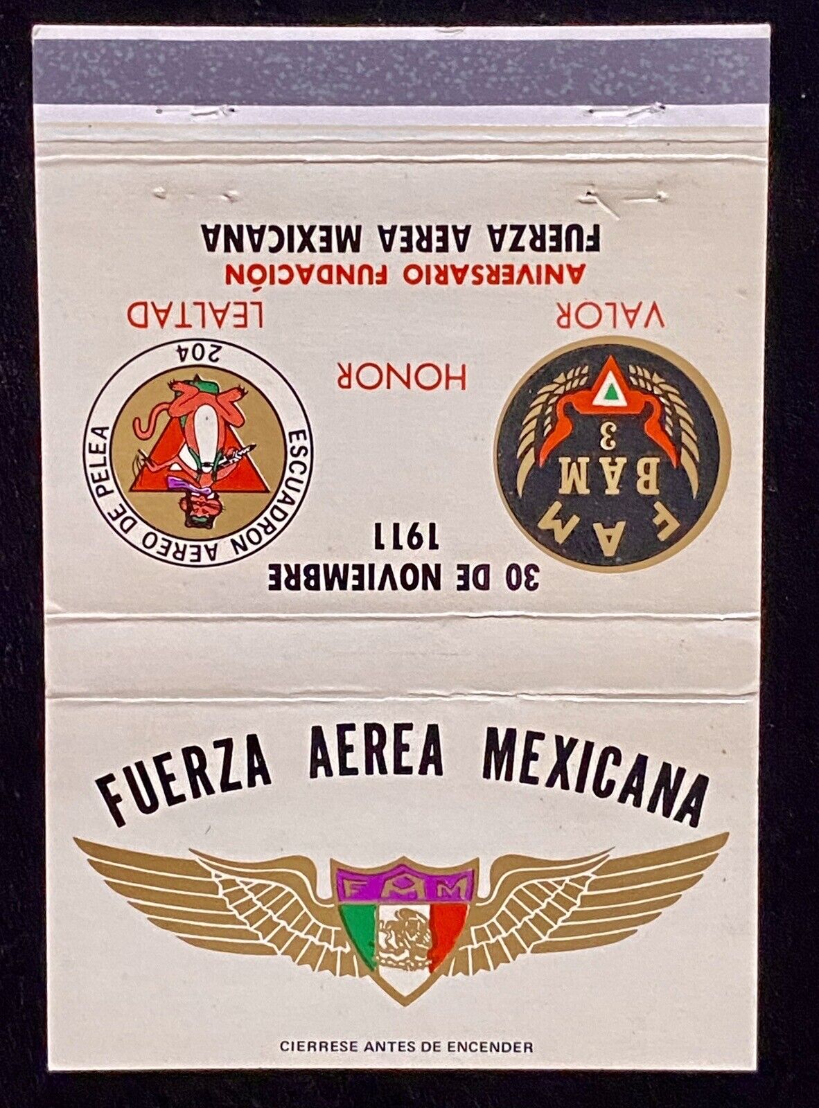 FUERZA Aerea Mexicana Vintage Front-Strike 40-Strike Matchbook Cover W B-1084