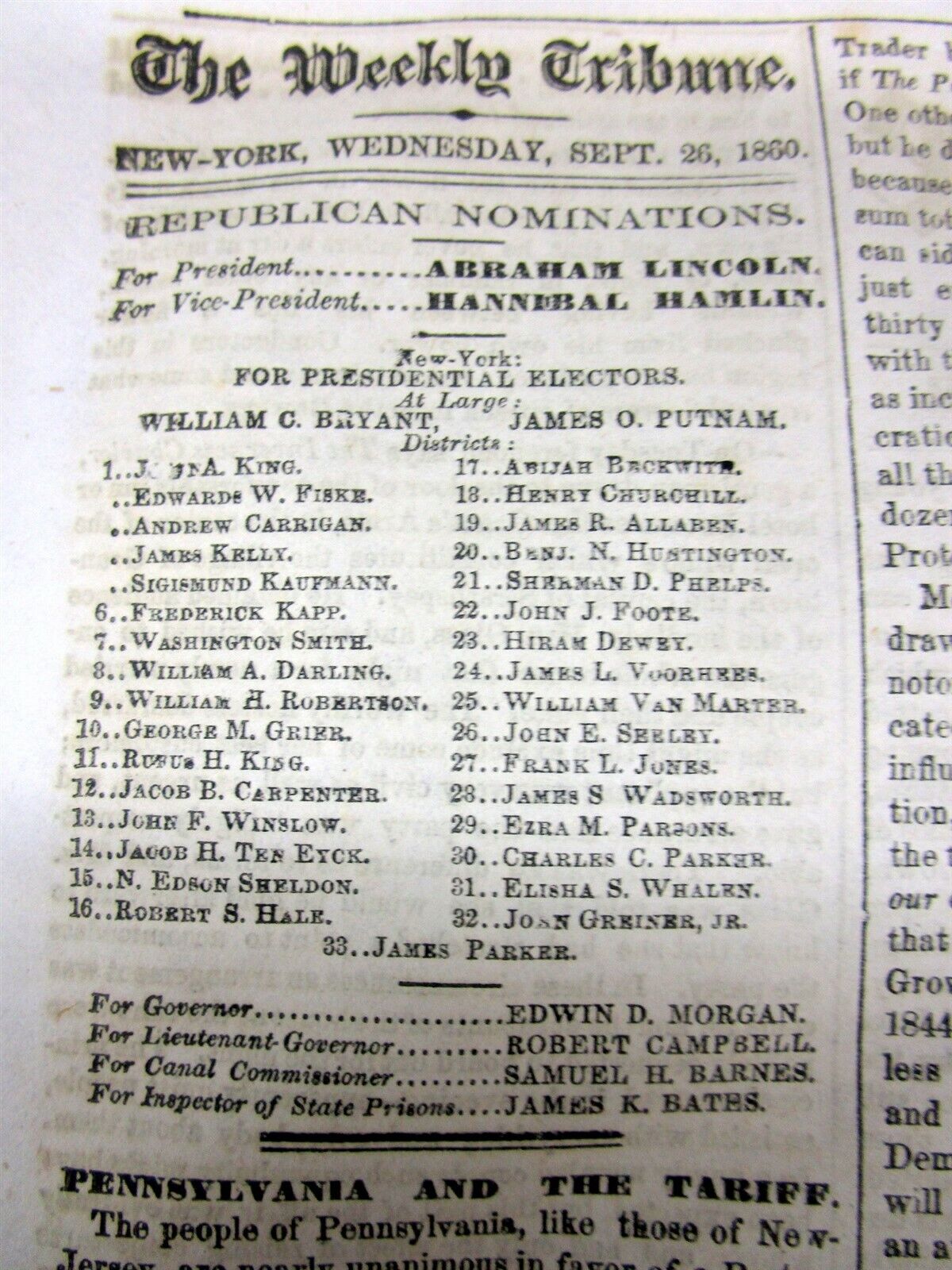 1860 NYC newspaper wth ad supporting Republican ABRAHAM LINCOLN for US PRESIDENT