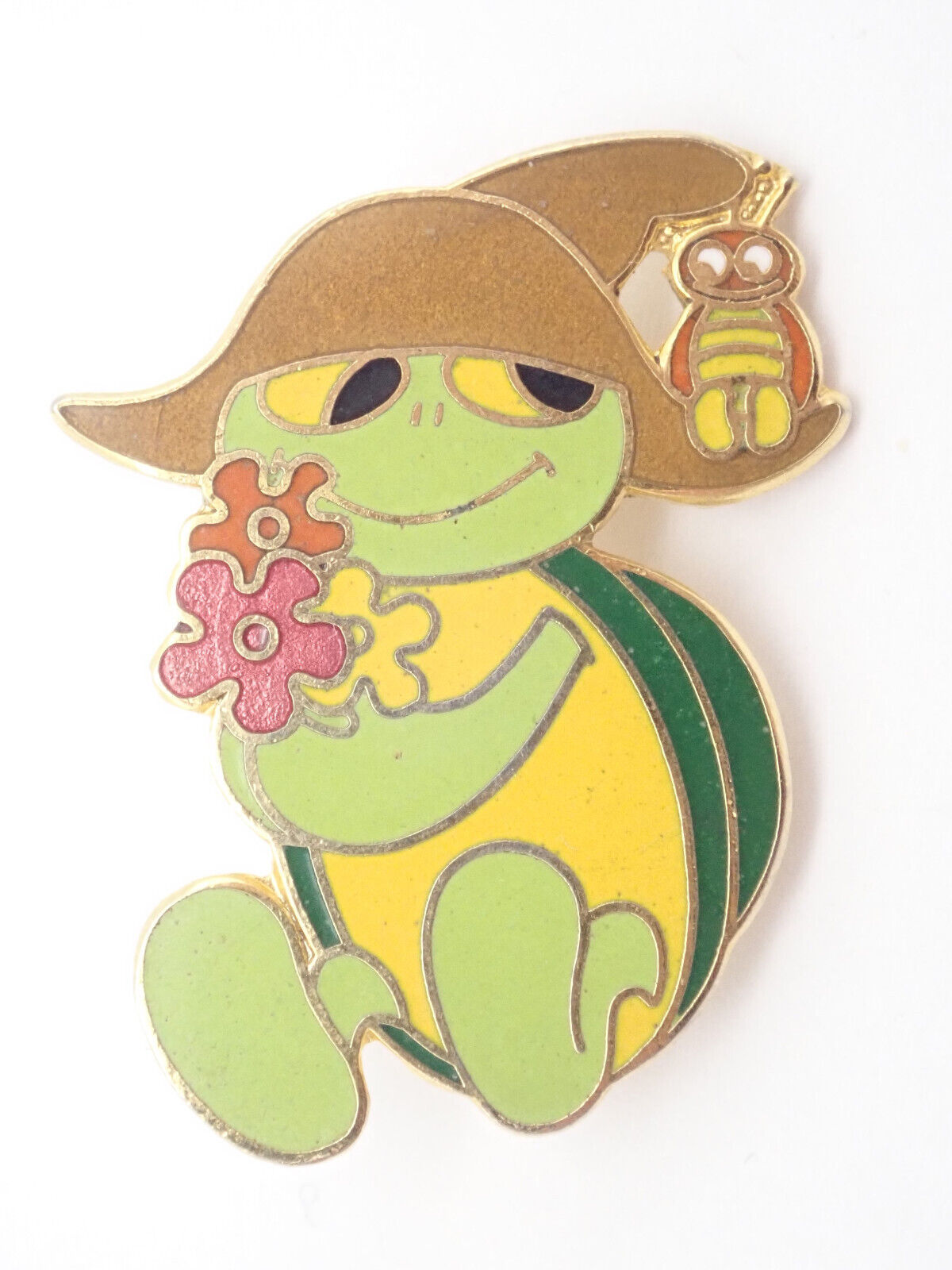 Turtle with Flowers and Bug Vintage Lapel Pin