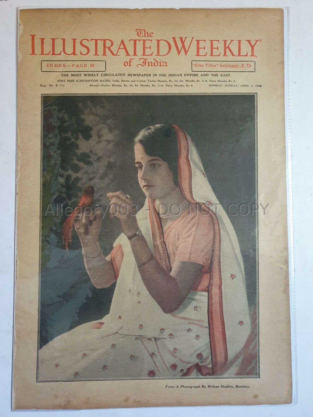 India 1930 Print LADY FEEDING BIRD 11in x 16in - Ex Magazine