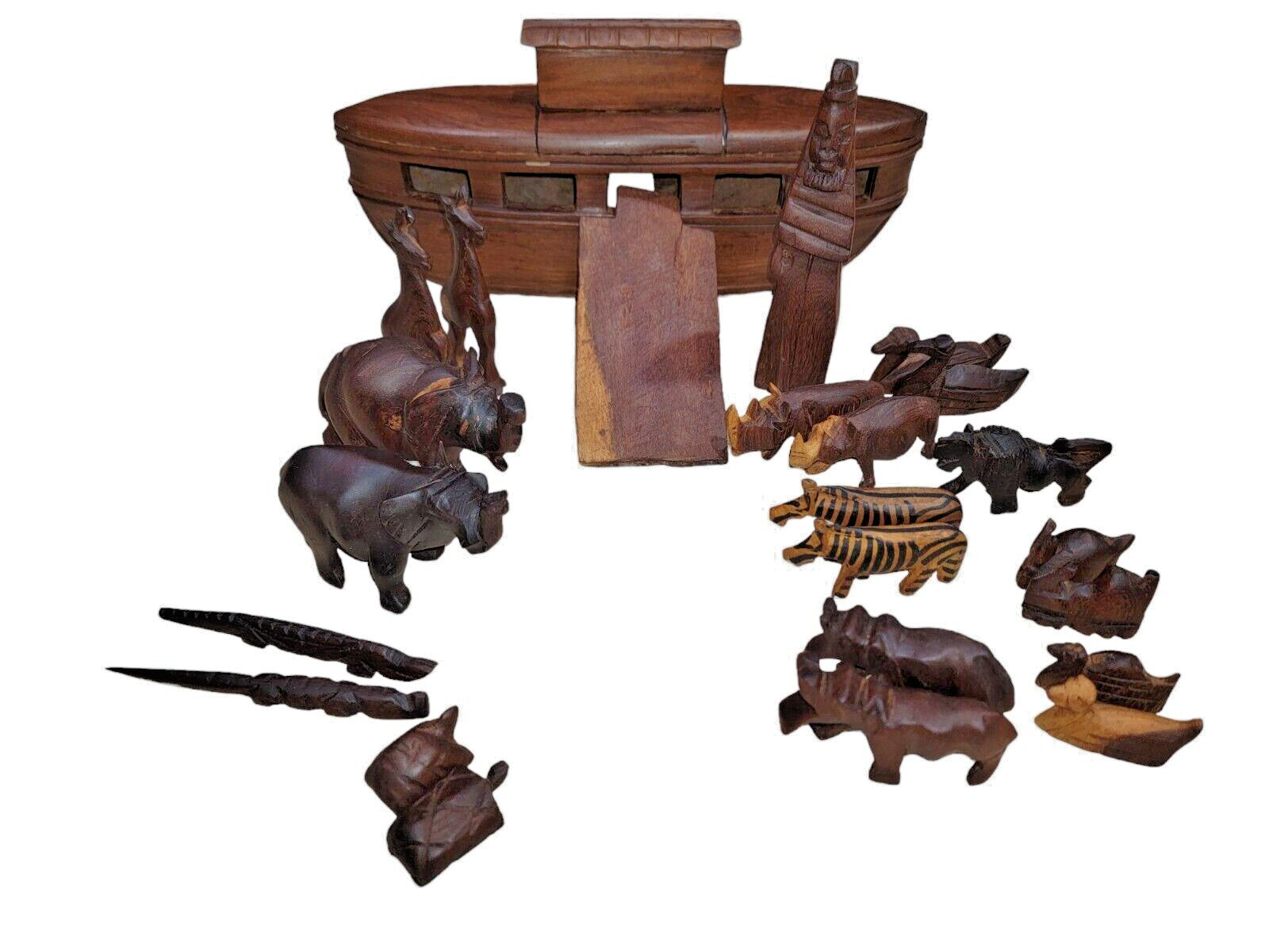 Vintage Noah's Ark Hand Carved Wood Folk Art Primitive Animals 25 Piece