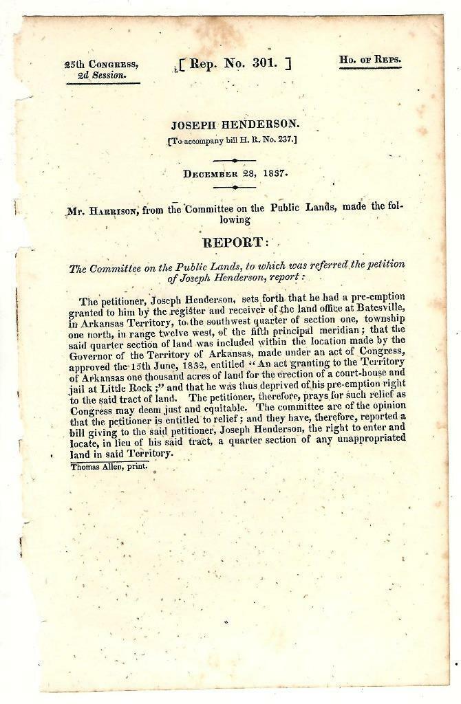 1837 Comte. Public Lands: Joseph Henderson Land Purchase Petition