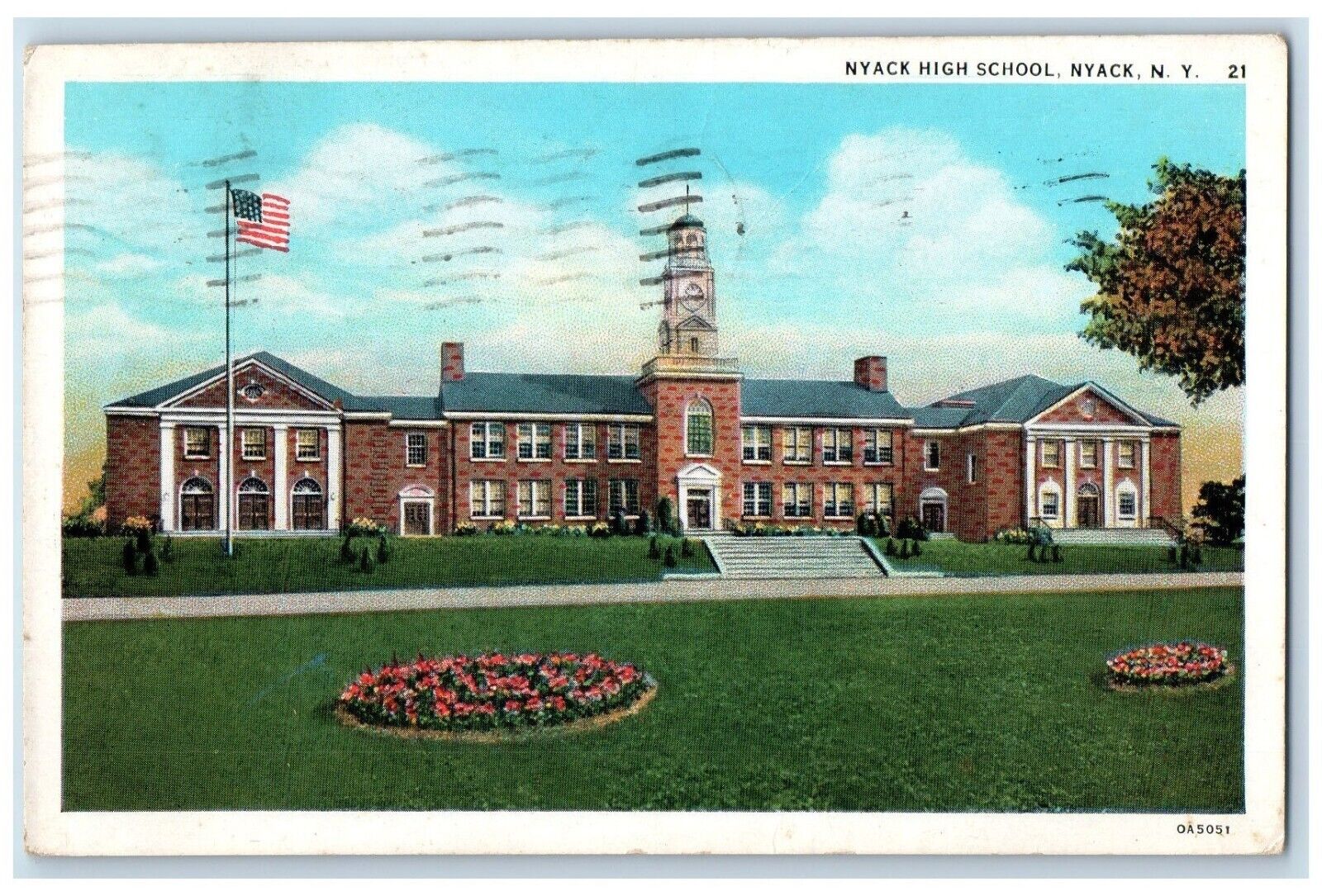 1940 Nyack High School Building Clock Tower Nyack New York NY Posted Postcard