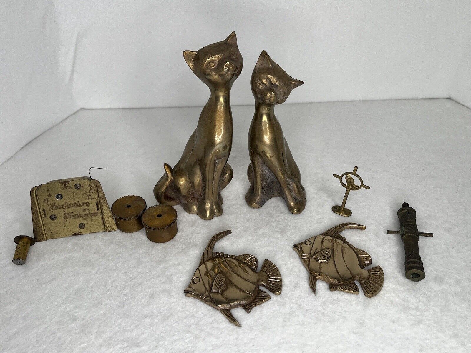 Vintage MCM Brass/Bronze? Lot Of 10 Figurines & Objects Cat Fish Cannon Cross