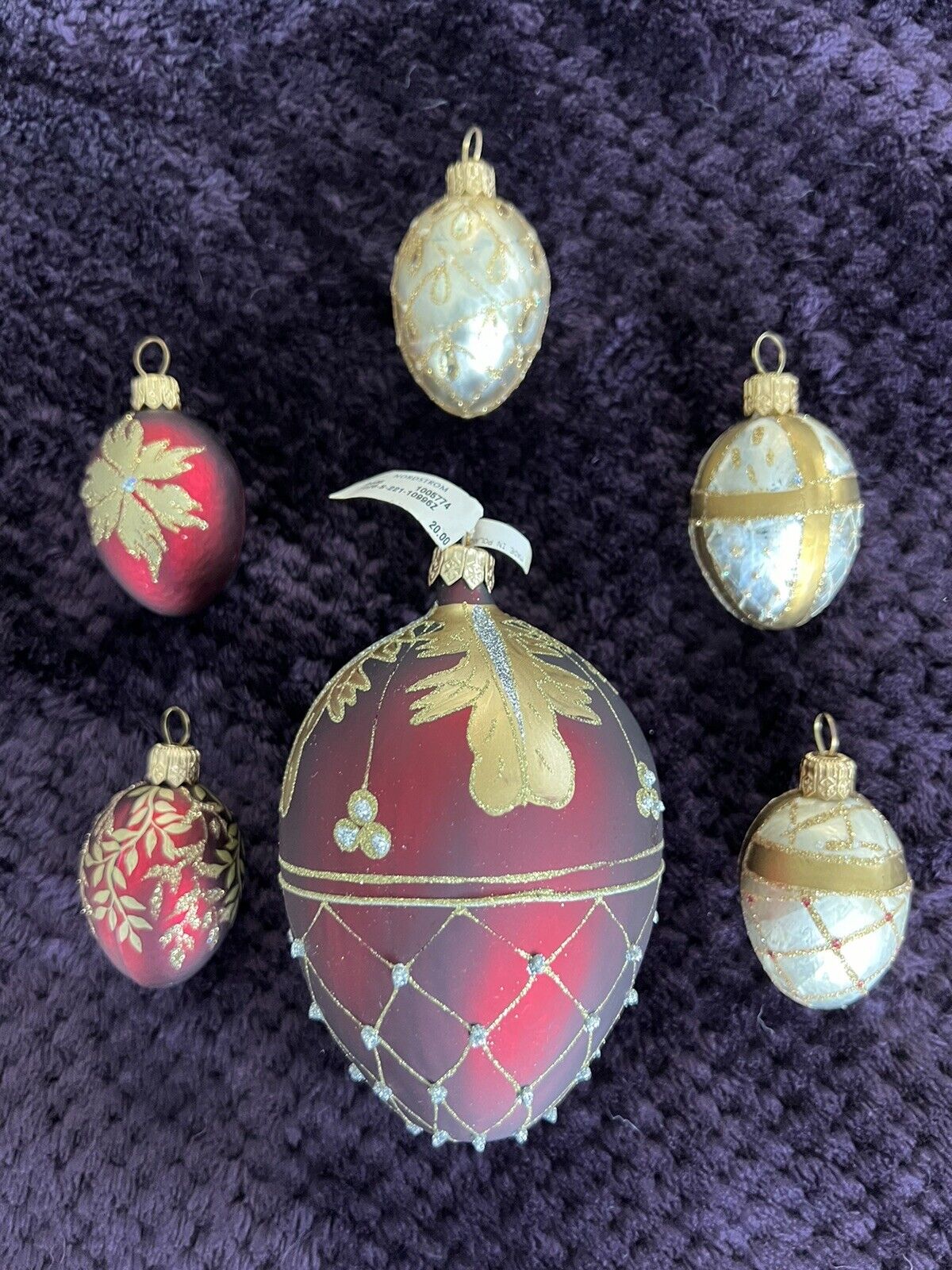 New Faberge Inspired Egg Christmas Ornament Set 6 Burgundy Gold Blown Glass