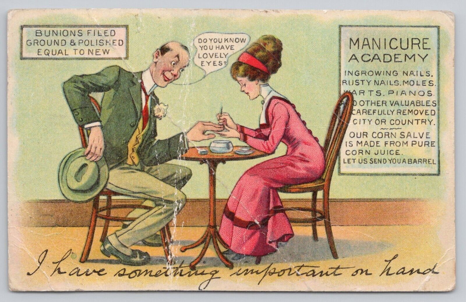 I Have Something Important On Hand Pretty Manicurist Lady ANTIQUE POSTCARD 997