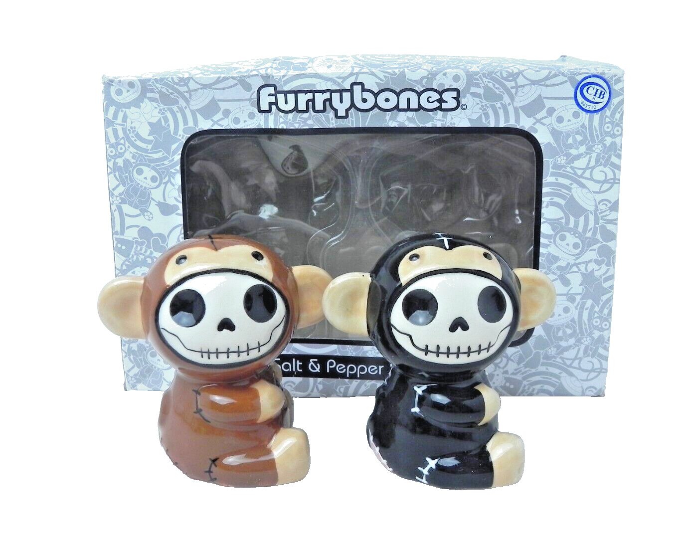 Furry Bones Munky The Monkey Skull Salt and Pepper Shakers Set Brown & Black NEW