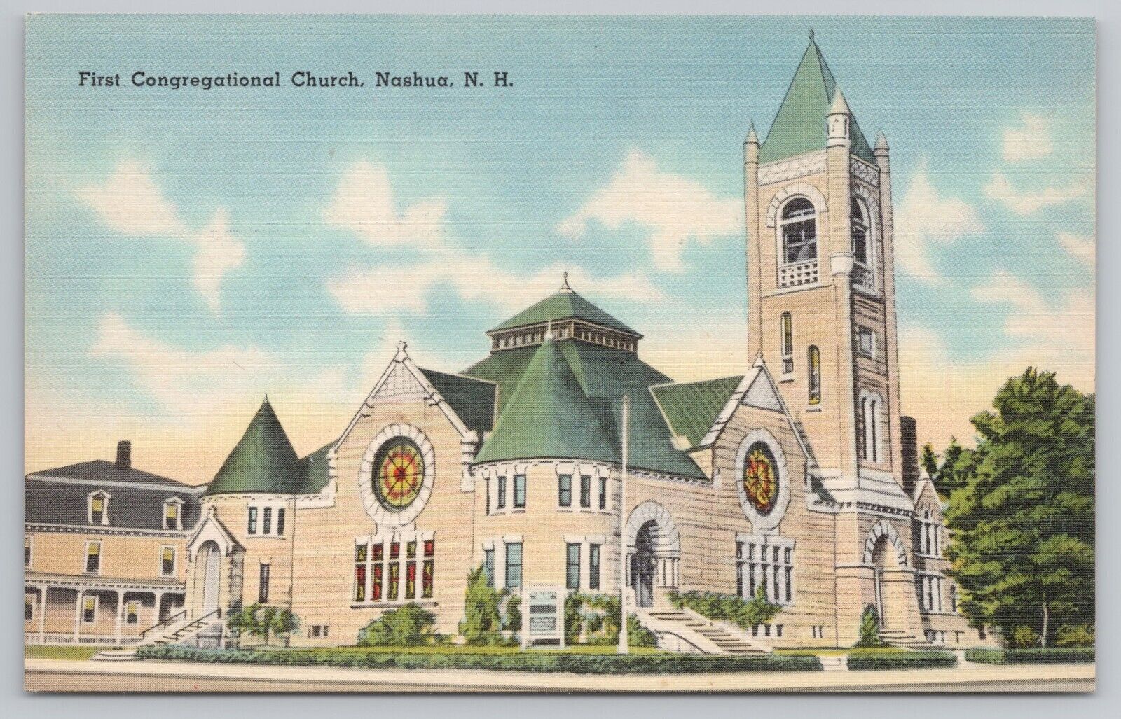 Postcard Nashua New Hampshire First Congregational Church Streetview Linen
