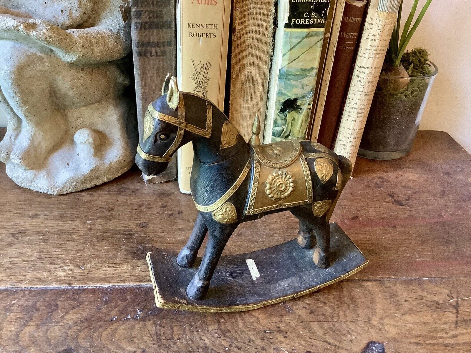 Vintage Indonesian Wood & Hammered Brass Rocking Horse Carved, Wooden w/ Armor