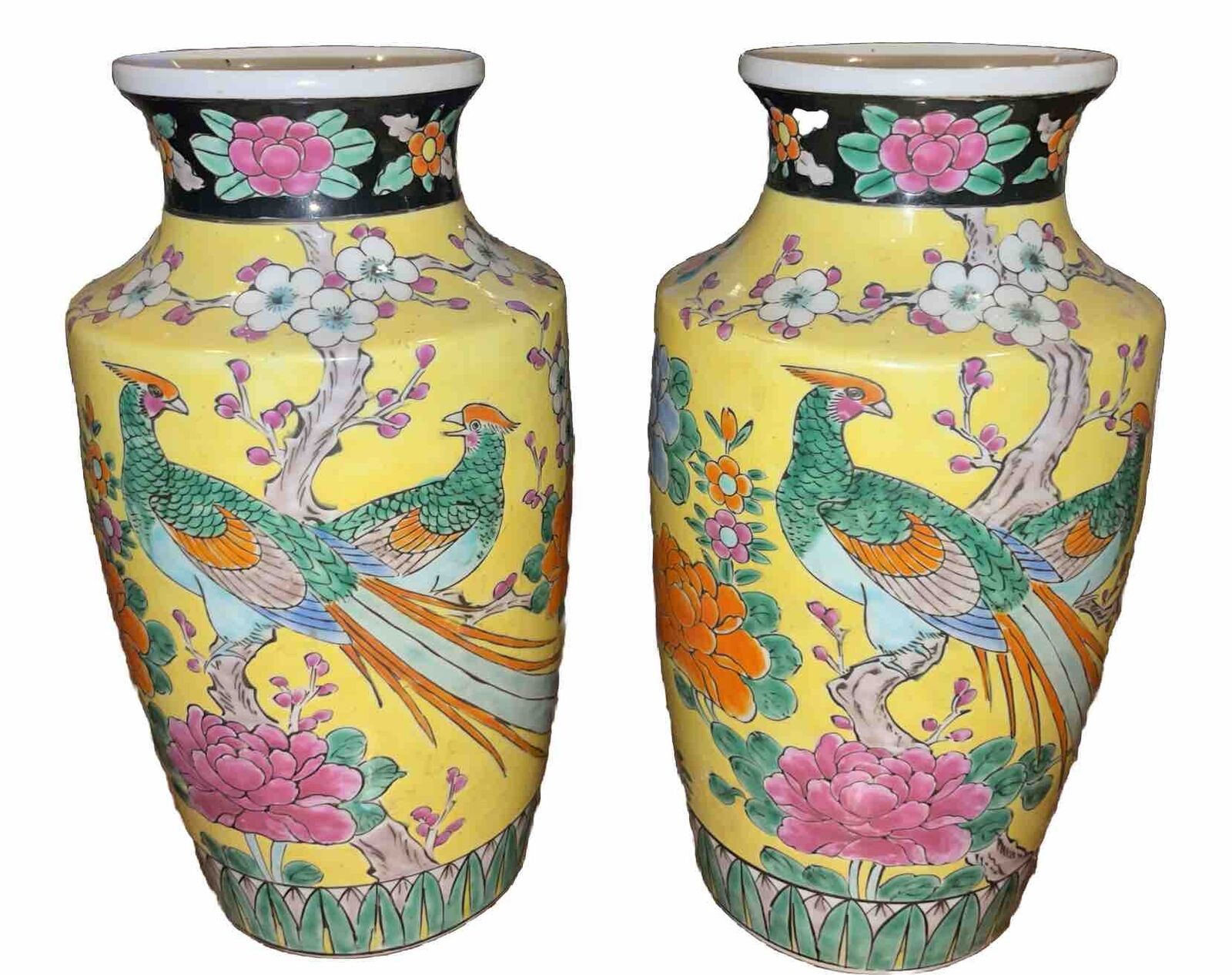 Vintage Asian Vases, Vibrant And Rare Set. Country Of Origin Is Japan, 9.75 Inch