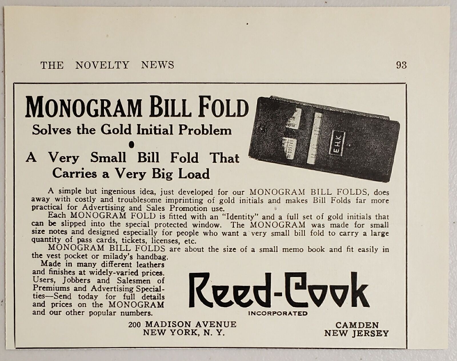1931 Print Ad Monogram Bill Fold Wallets Reed-Cook Camden,New Jersey & New York