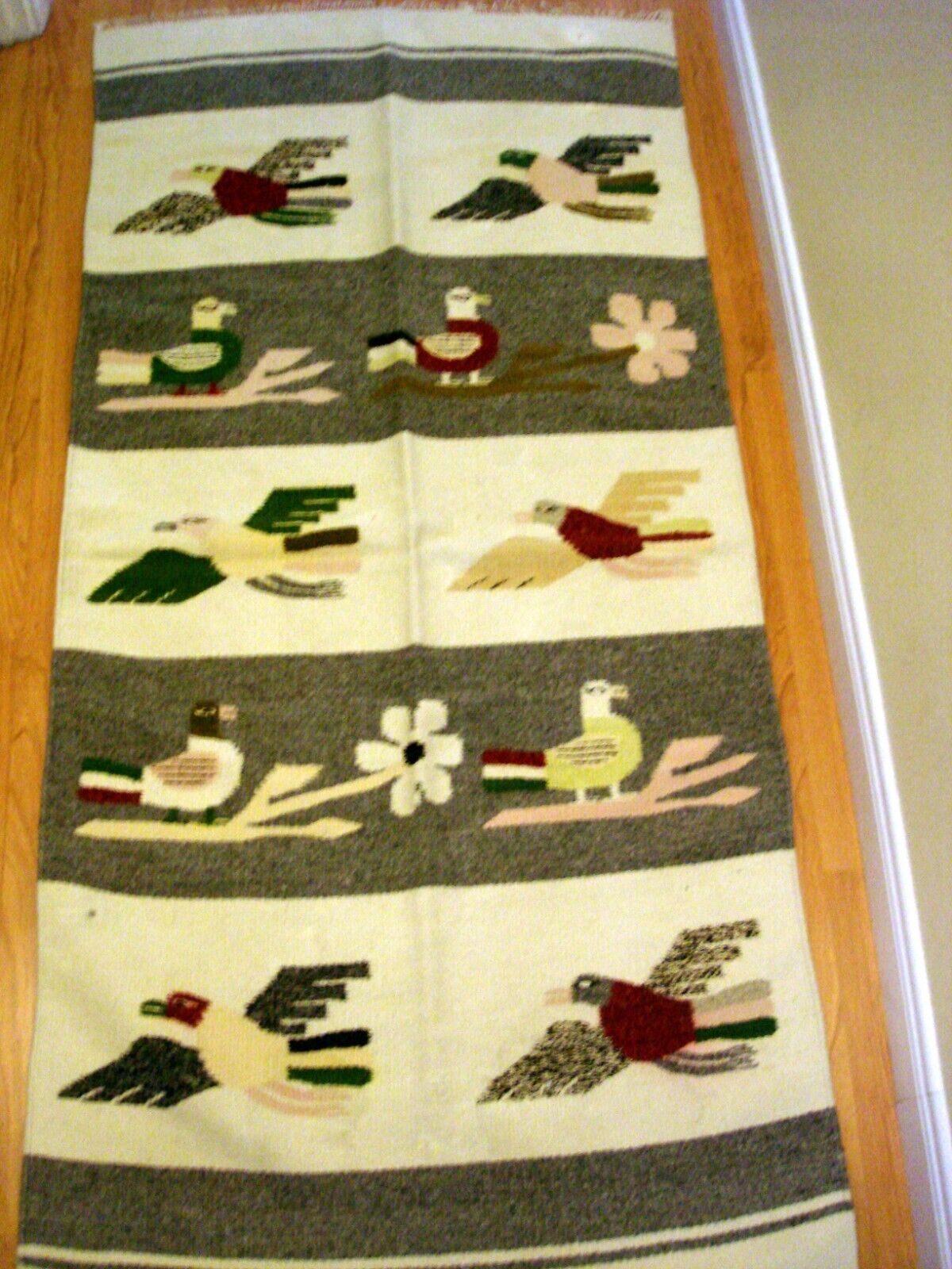 Vintage Mexican American Woven Mat Rug Tapestry Carpet Bird Theme