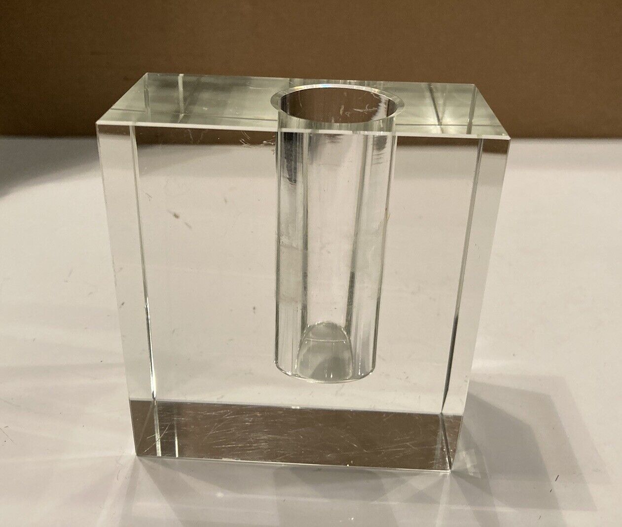 Vintage Mid Century Modern Clear Square Cube Block Glass Bud Vase MCM