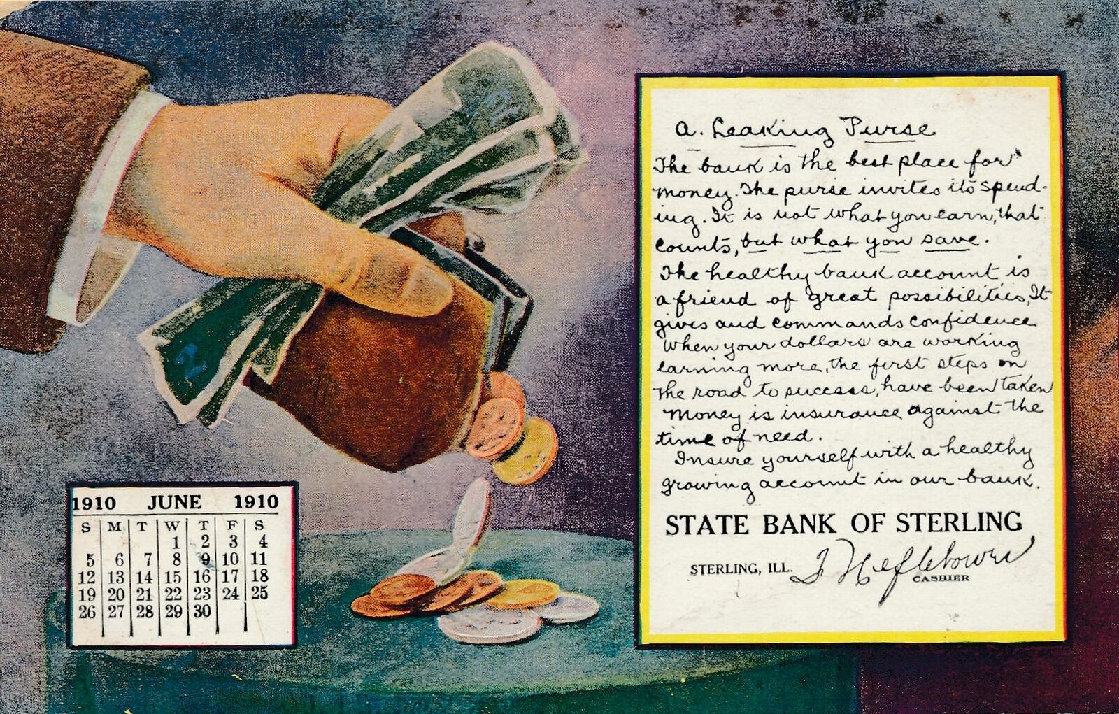 STERLING IL - State Bank of Sterling June 1910 Calendar A Leaking Purse Postcard
