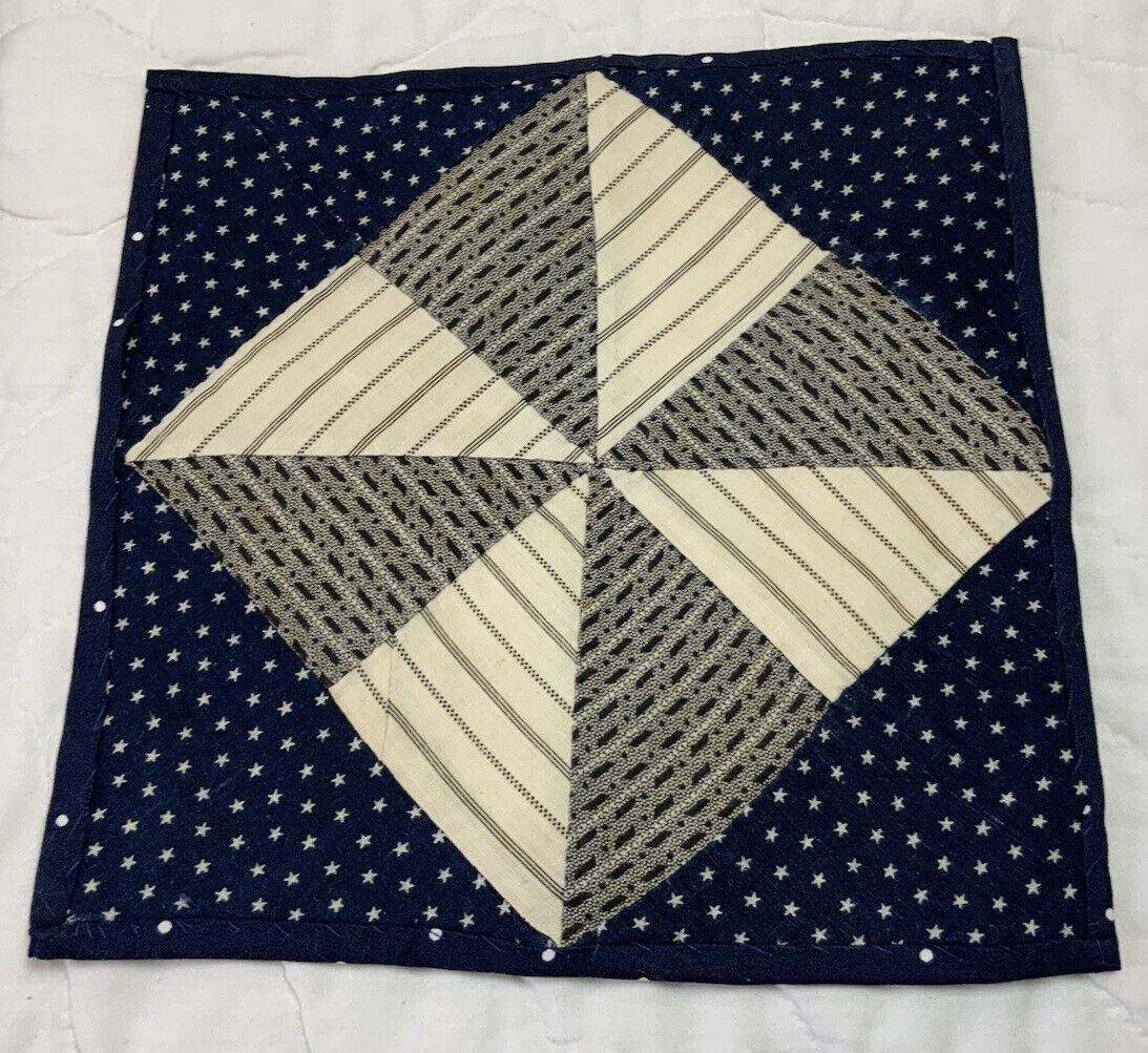 Vintage Patchwork Quilt Table Topper, Pinwheel, 1930’s, Calico Prints, Navy
