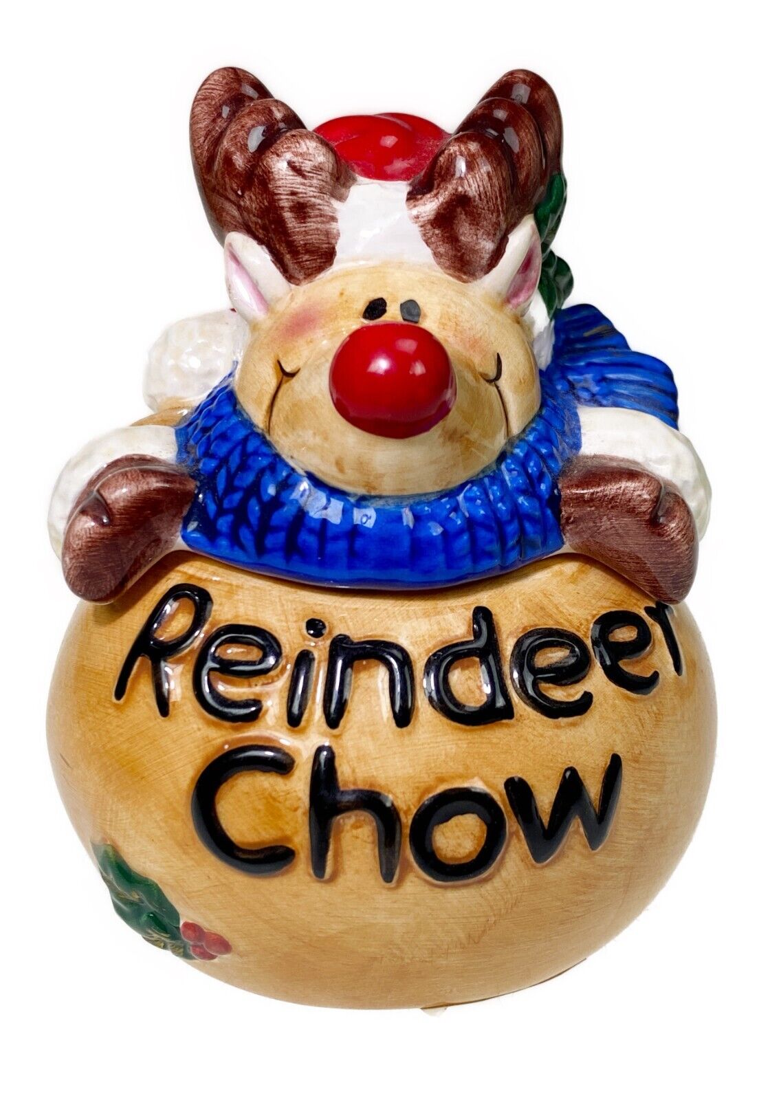4.5” Reindeer Chow Food Ceramic Dish Container Christmas Holiday Figurine 2 Pc