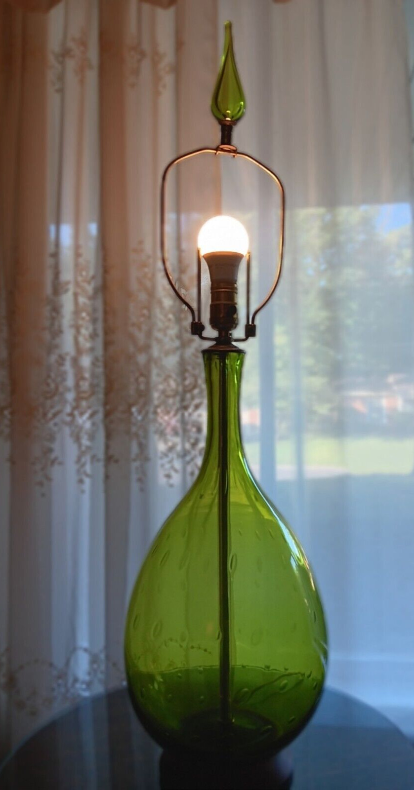 Vtg 1960s Blenko Joel Myers Green Glass Genie Lamp + Finial, Controlled Bubbles