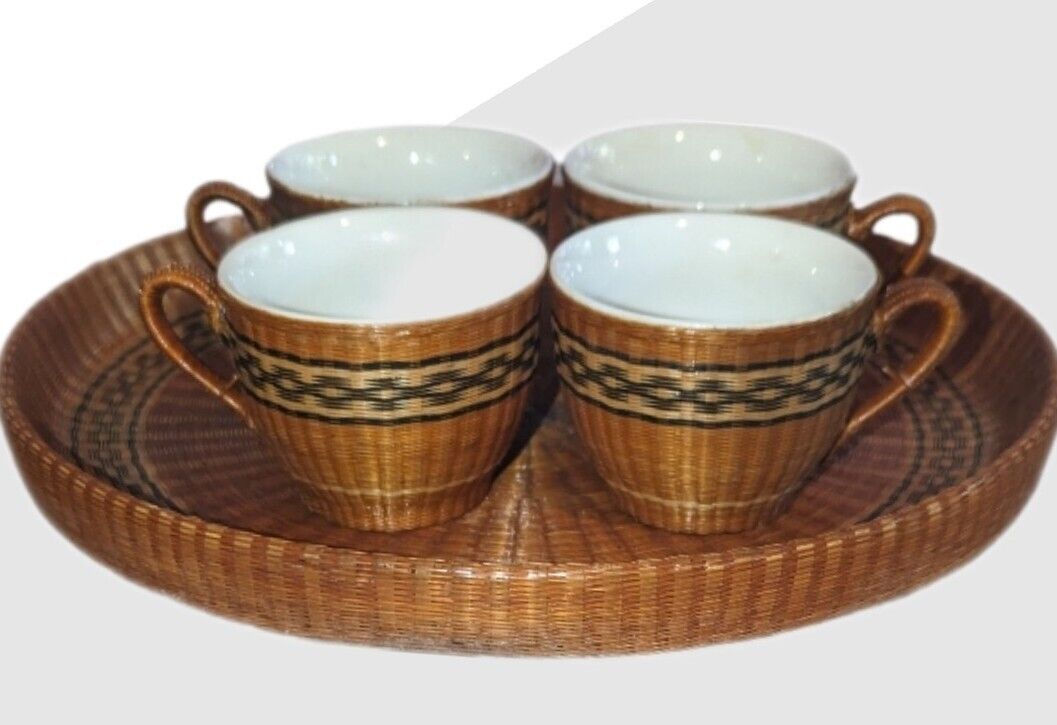 Beautiful Oriental Antique porcelain tea cups woven Pine Needle Wicker