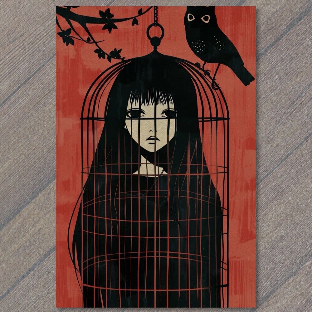POSTCARD Girl Trapped In Bird Cage Long Hair Weird Unusual Hopelessness Feeling