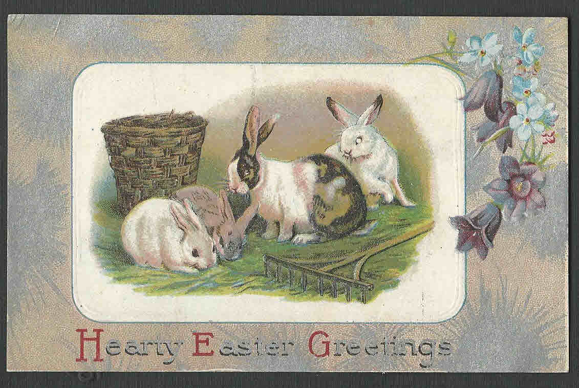 Ca 1908 PPC* EASTER RABBITS ON SILVER EMBOSSED CARD UNPOSTED