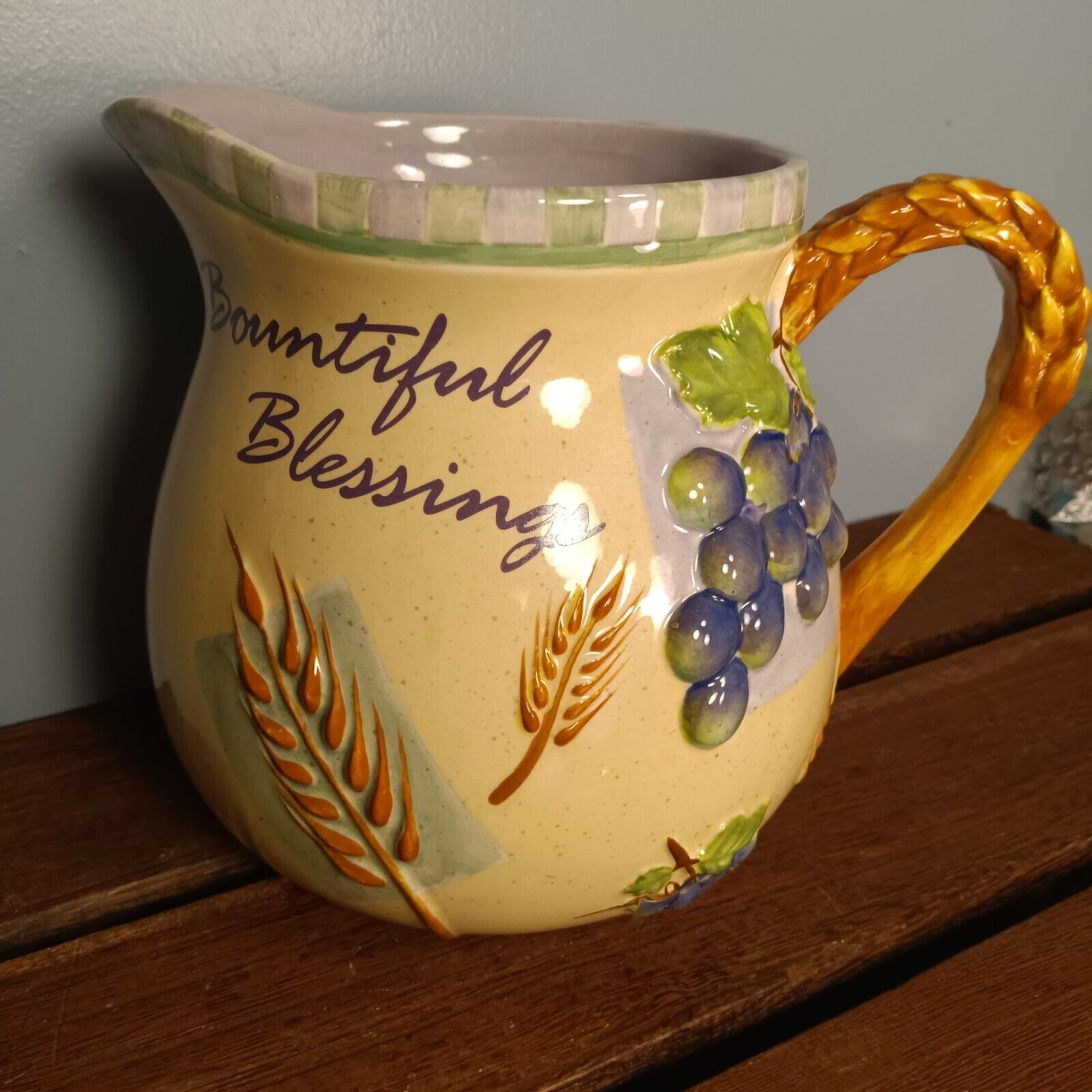 Vintage Ceramic Pitcher, Bountiful Blessings, Bible Quote, Colorful