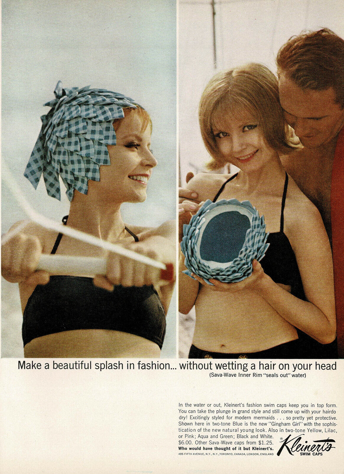 1960s Vintage Kleinert\'s Swim Caps Womens Bikini Swimwear Fashion Photo Print Ad