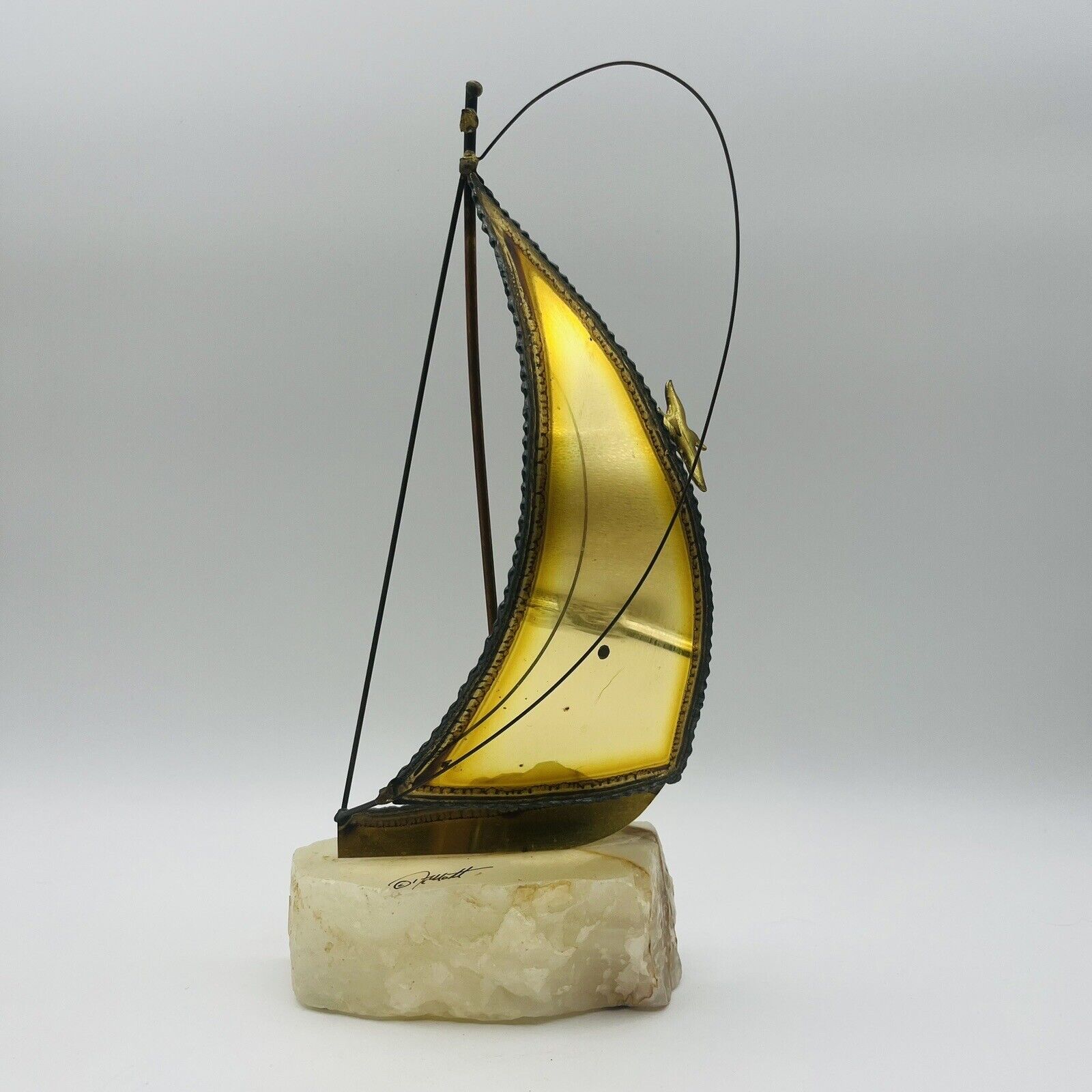 Vintage Demott Signed Goldtone Metal Sailboat On Marble Base Bookend/Statue