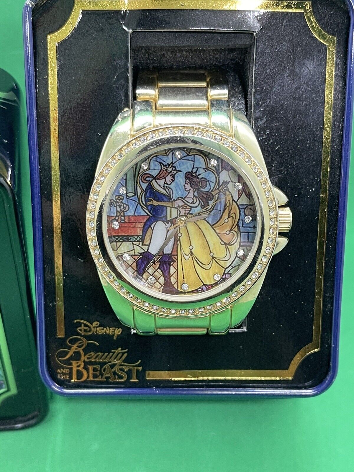 Disney Accutime Beauty And The Beast Watch In Tin Box Stained Glass Working