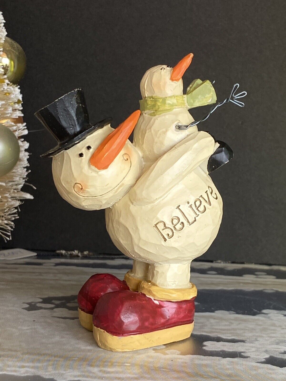“Believe” Christmas Snowman Figurine Giving Piggy Back Rides Resin Country Decor