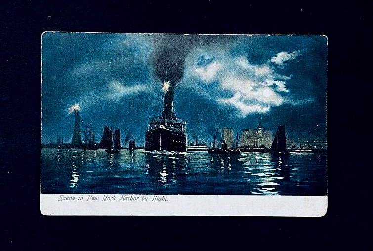 1901-07 Postcard - Boat Ship Scene in New York Harbor at Night r11